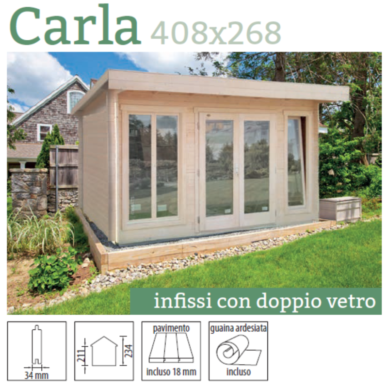 Casetta in legno non trattato mod. CARLA 408x 268cm.