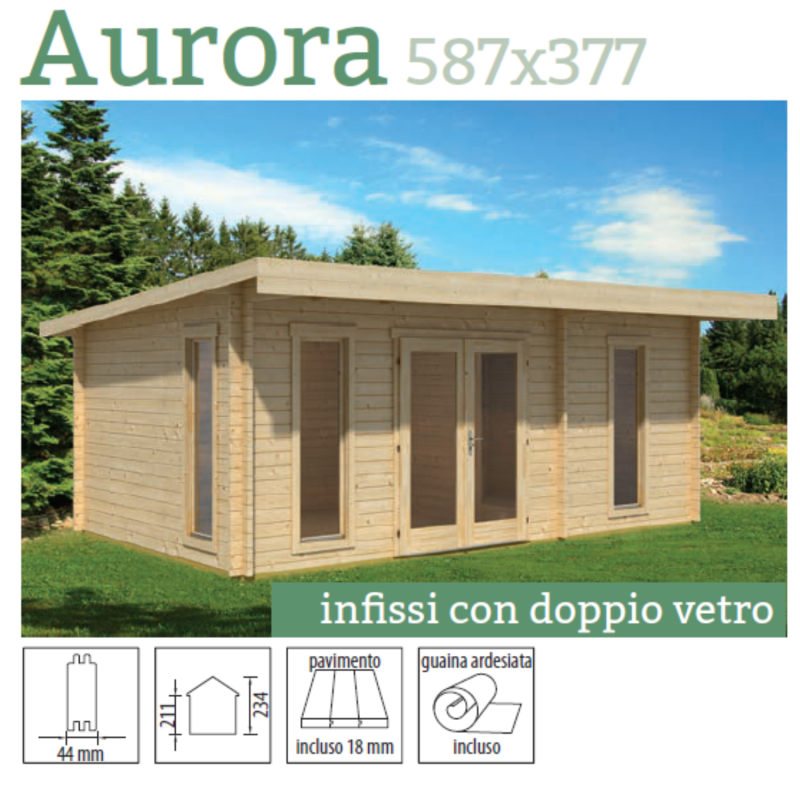 Casa in legno non trattato mod. AURORA 587 x 377cm.