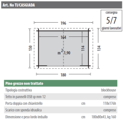 Casetta in pino grezzo non trattato mod. GIADA 180 x 130cm. - Caratteristcihe